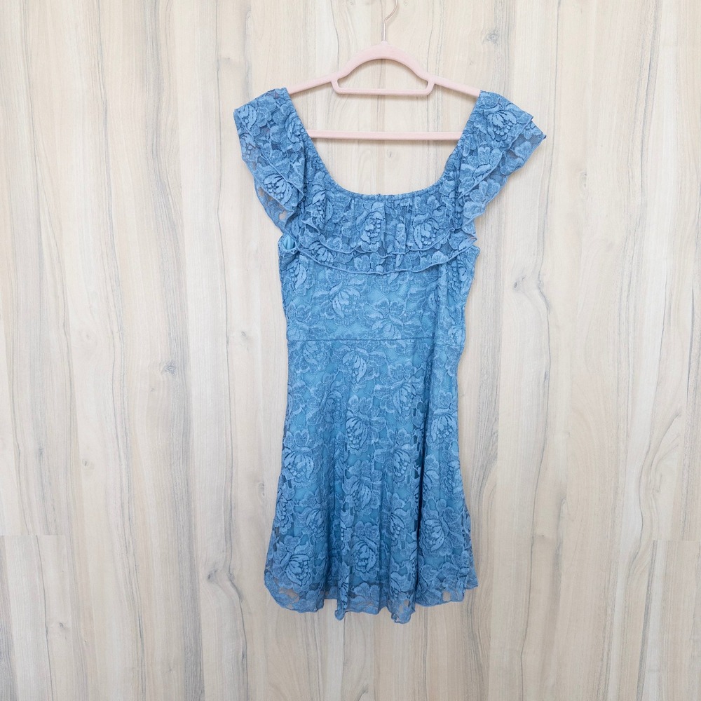 Altar'd State Lace Ruffle Mini Dress M Blue Coquette Romantic Feminine Fairy